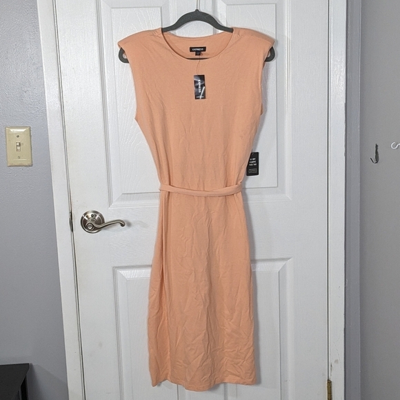 NWT Express‎ Tie-Waist Peachy Padded Shoulder Midi Tank Dress Size XS - Picture 1 of 7